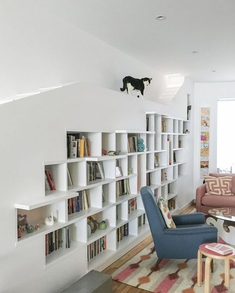 Cat Architecture: 6 Homes Designed With Felines in Mind #dwell #petsathome #catarchitecture #cats #fundesign Row House Design, Cat Shelves, Row House, Cat Friendly Home, Cat Wall, Formal Living Rooms, Book Shelf, Formal Living, Cat Furniture