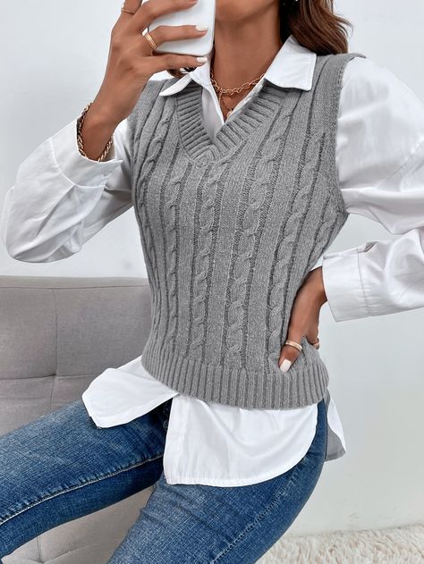 Grey Casual   Polyester Plain  Embellished Slight Stretch Spring/Fall Women Knitwear Grey Sweater Vest Outfit, Grey Vest Outfit, Grey Sweater Vest, Streetwear Office, Knit Vest Outfit, Cable Knit Sweater Vest, Sweater Vest Outfit, African Blouses, Light Grey Sweater