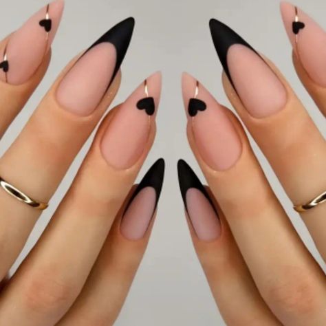 24 Count Press On Nails Almond Shaped Matte Black French Tip With Hearts And Gold Stripes Includes Jelly Glue And Nail File New Nails Long Almond, Black Almond Nails, Press On Nails Long, Black French Tips, Nagellack Trends, Black Nail Designs, Almond Shaped, Nails Long, Nail Polish Designs