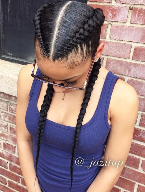 Two Black Feed In Braids Goddess Braids Natural Hair, Kepang Dua, Boxer Braids Hairstyles, Two Braid Hairstyles, Boxer Braids, Goddess Braids Hairstyles, Feed In Braid, Cool Braid Hairstyles, Two Braids