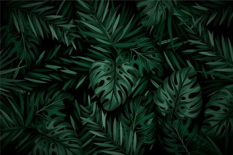 Realistic dark tropical leaves backgroun... | Free Vector #Freepik #freevector #background #nature #wallpaper #art Daun Wallpaper Nature, Dark Green Leaf Background, Dark Leaves Wallpaper Desktop, Dark Nature Wallpaper Laptop, Computer Wallpaper Desktop Wallpapers Aesthetic Dark, Leaves Wallpaper Desktop, Laptop Background Dark Aesthetic, Dark Green Desktop Wallpaper, Dark Green Wallpaper Laptop