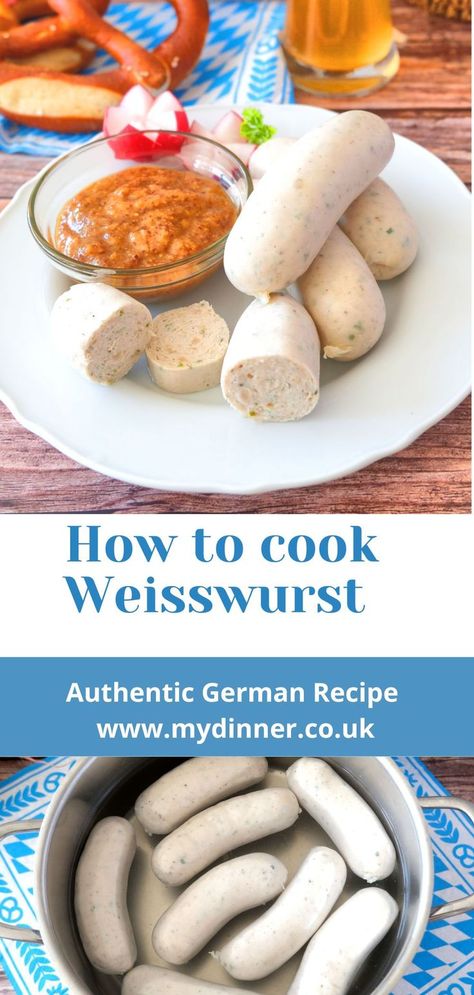 Weisswurst on a plate and cooking weisswurst in a pot. Weisswurst Recipes, Bockwurst Recipe, Vienna Recipes, German Sausage Recipes, Octoberfest Recipes, German Bratwurst, Beer Bratwurst, German Breakfast, Brats Recipes