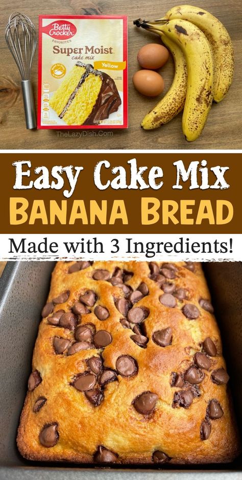 This recipe may sound too good to be true, but this easy way of making banana bread is SO GOOD! You would never guess it’s made with just cake mix, mashed bananas, and eggs. You can, of course, also include chopped nuts or chocolate chips for added flavor and crunch. Simply smash the bananas and mix with the eggs along with the entire box of dry cake mix. Generously grease TWO bread loaf pans and then divide the batter evenly between both pans. Bake at 350° F oven 25-35 minutes. Done! Cake Mix Banana Bread Recipe, 3 Ingredient Cake, Cake Mix Banana Bread, Banana Cake Mix, 3 Ingredient Cakes, Cake Mix Muffins, Banana Bread Cake, Moist Banana Bread, Easy Banana Bread Recipe