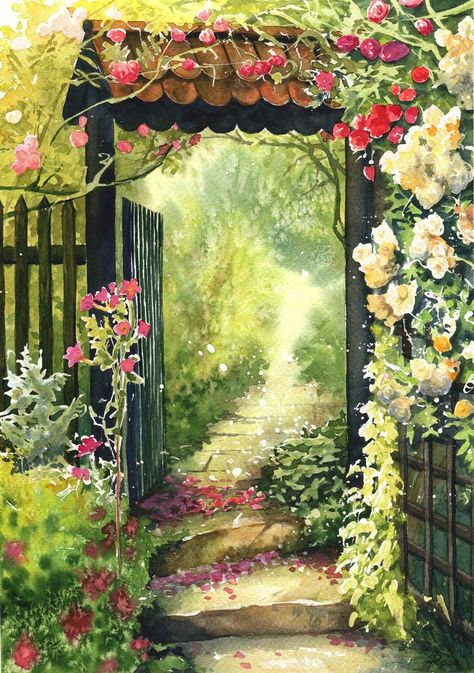 Rose garden by JoaRosa on DeviantArt Garden Mural, Garden Illustration, Cottage Garden Design, Flower Landscape, Watercolor Flowers Paintings, Painting Art Projects, Flower Images, Rose Garden, Art Watercolor