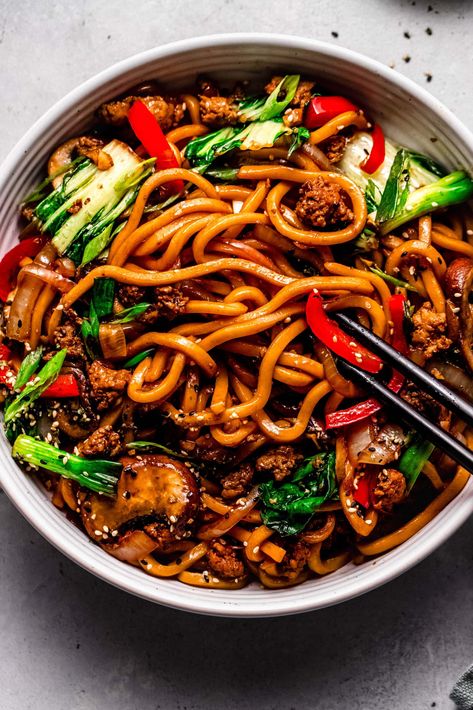 Yaki Udon Healthy Stir Fry Recipes With Noodles, Szechuan Pork Noodle Stir Fry Hello Fresh, Yaki Udon Noodles, Asian Noodle Bowl Recipes, Tofu Udon Noodles, Pork Noodle Stir Fry, Ground Beef Udon Noodles, Stir Fried Noodles Recipe, Udon Sauce Recipe