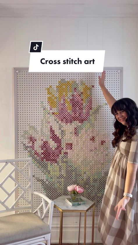 This cross stitch art was a labor of love 😅🖼🧶 #crossstitch #pegboardideas #crossstitchlover #home #fyp #colorfulhome #cottagecore #fypage #diyart Oversized Cross Stitch Wall Art, Cross Stitch On Canvas, Pegboard Cross Stitch, Cross Stitch Wall Art, Spirograph Art, Stitch Drawing, Embroidery Book, Stitch Art, Sewing Embroidery Designs