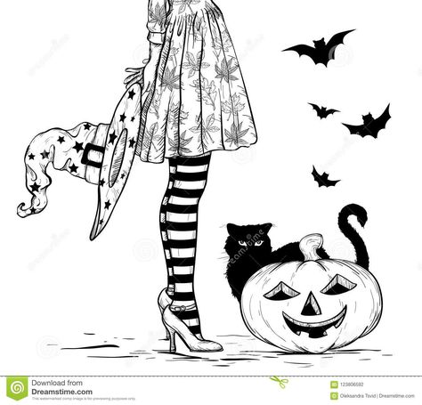 Halloween Dress Illustration, Witch Boots Drawing, Witch Shoes Drawing, Witch Drawing Pencil, Decorative Doodles, Candle Doodle, Pumpkin Black And White, Witch Sketch, Witchy Party