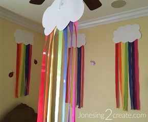 Love the idea of making rainbow clouds out of white paper and streamers. So cheap and easy for a rainbow birthday party! Rainbow Unicorn Party Decorations, Rainbow Streamers, Birthday Party Rainbow, Paper Rainbow, Rainbow Unicorn Party, Trolls Birthday Party, Rainbow Parties, Rainbow Unicorn Birthday, Rainbow Clouds