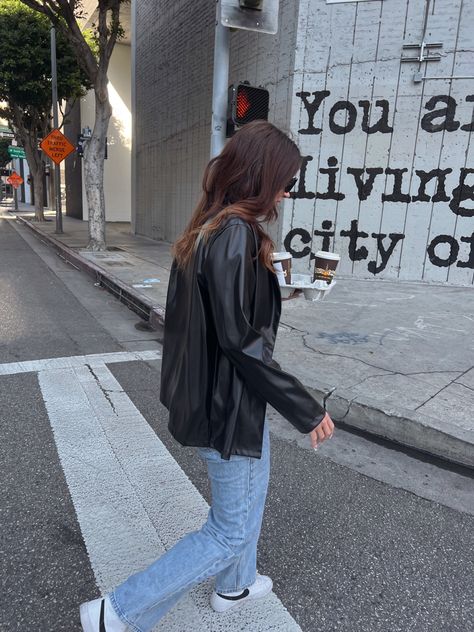 Coffee, blazers, leather jacket, levis Aesthetic Hailey Bieber, Jacket Levis, City Outfit, Leather Coat Jacket, Clean Girl Aesthetic, Jeans Levis, Clean Girl, Hailey Bieber, Leather Coat