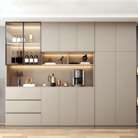 Modern Kitchen Cabinet Design Glass Doors, Kitchen Tall Units, Single Wall Kitchen, Crockery Unit Design, Cabinet With Glass Doors, Crockery Unit, Above Kitchen Cabinets, Modern Kitchen Cabinet Design, Bedroom Closet Design