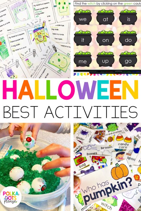 Celebrate the Halloween season with these fun and engaging Halloween themed activities your students will love! This resource is perfect for your Kindergarten, 1st, and 2nd grade classrooms. This blog highlights my favorite Halloween activities and is packed with resources that will teach and engage students throughout the spooky season. Some of the activities included are Halloween freeze writing and game center, witch's brew word activity, Halloween math activities, and much more! #Halloween Upper Grade Halloween Activities, Halloween Teaching Activities, Halloween Day Activities Kindergarten, Halloween Activities For Special Education, Halloween Crafts Grade 1, Halloween Literacy Activities 3rd Grade, Sight Word Halloween Activities, Halloween Math Games 1st Grade, Halloween Activities For Second Grade