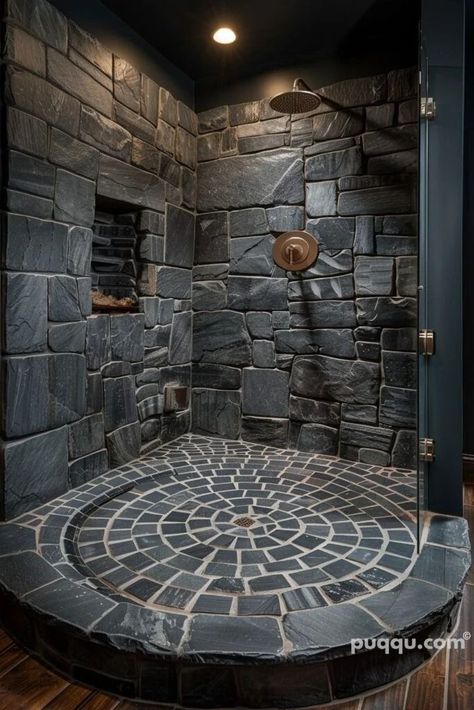 Doorless Walk In Shower Ideas, Rustic Walk In Shower Ideas, Shower Redo, Rustic Bathroom Shower, Gothic Western, Bigfoot Pictures, Walk In Shower Ideas, Doorless Shower, Garden Sink