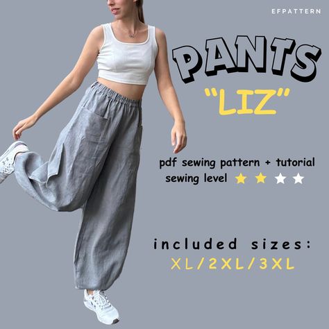 Wide Leg Pants Sewing Pattern, Sizes XL, 2XL and 3XL, Digital Pattern, High Waisted Boho Trousers. - Etsy Wide Leg Pants Sewing Pattern, Diy Pants, Pants Sewing, Pants Sewing Pattern, Fabric Scissors, Boho Pants, Sewing Skirts, Sewing Pattern Sizes, Elastic Waist Pants