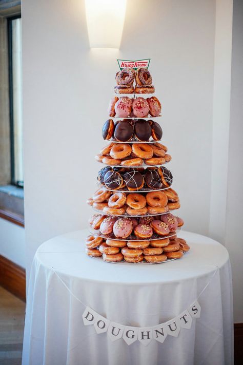 Tower Donut Cake, Mini Donut Cake Tower, Donut Tower Birthday, Krispy Kreme Donut Cake, Donut Towers, Donut Hole Tower Birthday, Donut Hole Cake Tower, Krispy Kreme Birthday, Doughnut Tower