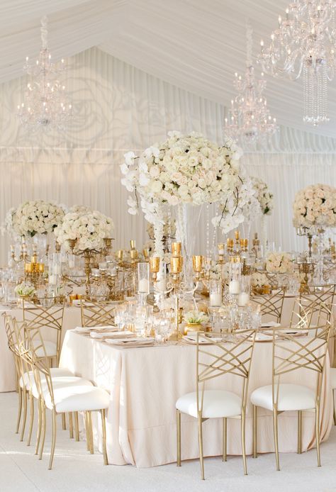 Follow us @SIGNATUREBRIDE on Twitter and on FACEBOOK @ SIGNATURE BRIDE MAGAZINE 48 Table, White Wedding Decorations, Inside Weddings, Rustic Wedding Decorations, Elegant Wedding Reception, Gold Wedding Theme, All White Wedding, Gold Wedding Decorations, Party Events