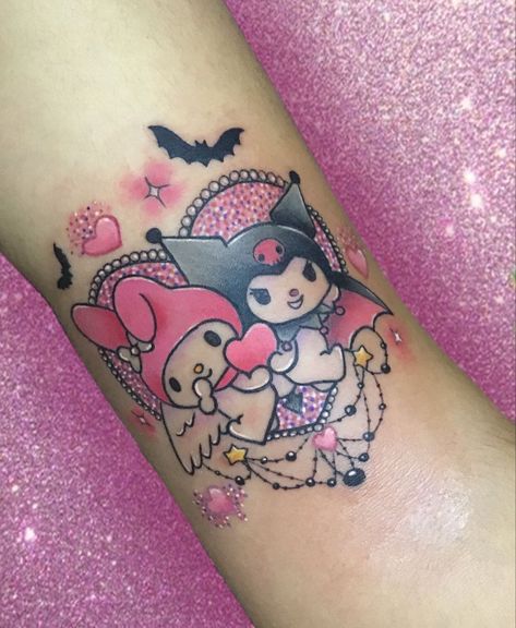 Tattoo Ideas Kuromi, Melody Tattoo Ideas, My Melody Tattoo Ideas, Kuromi And My Melody Tattoo, Sanrio Tattoo Ideas, Tattoos Paw Print, Kuromi And My Melody, Vintage Halloween Cards, Hello Kitty Tattoos