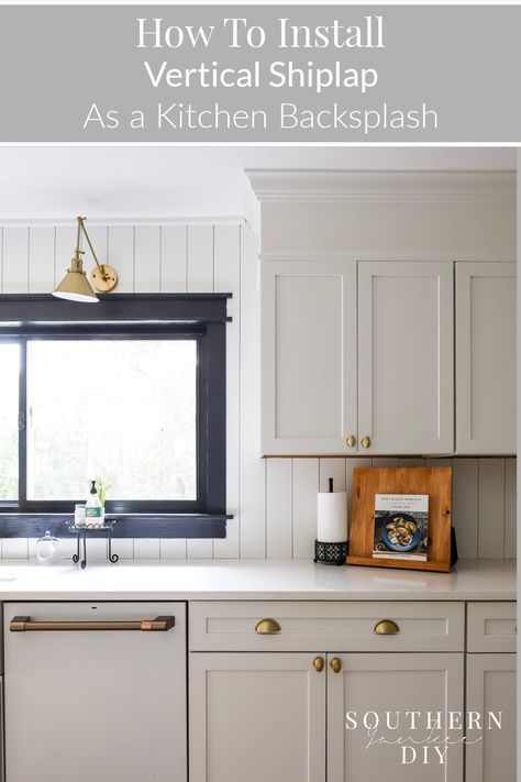 Shiplap Kitchen Vertical, V Groove Kitchen Backsplash, Nickle Gap Backsplash, Kitchen With Vertical Shiplap Backsplash, Vertical Wood Backsplash Kitchen, Kitchen Backsplash Paneling Ideas, Gray Shiplap Kitchen, Farmhouse Kitchen Renovation On A Budget, Shiplap With Tile Backsplash