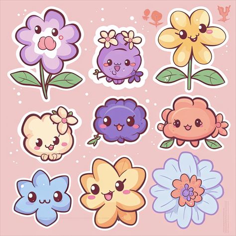 Happy Flower Designs for do it yourself prints with transparent background. Cute Printable Stickers Flowers, Kawaii Flowers Drawing, Kawaii Stickers Printable Scrapbooking, Cute Flower Stickers, 4th Of July Stickers, July Stickers, Flowers Kawaii, Plant Doodles, Kawaii Flowers