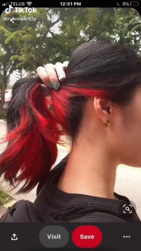 Under Hair Dye Ideas For Black Hair, Red Hair Under Black, Red Hair Color Underneath, Red Under Dye Hair, Under Hair Dye Brunette, Under Red Hair, Under Hair Dye Red, Under Hair Color Red, Under Dyed Hair Red