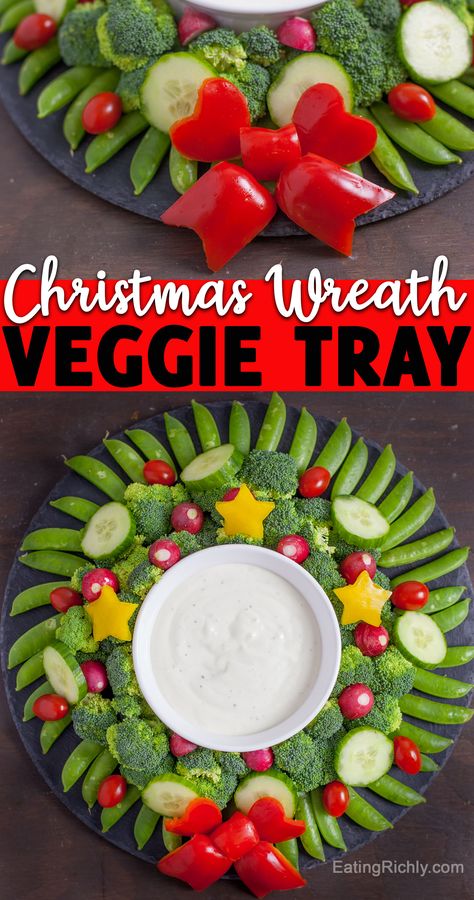 Create a showstopping holiday appetizer with vegetables. It's so easy to make a Christmas wreath veggie tray! Serve with your favorite dip. We like vegan ranch. #veggies #vegetables #veggietray #christmasfood #christmasmenu #christmaspotluck #christmasappetizer #holidayappetizer #appetizers #appetizerrecipes #cutefood #foodart Veggie Wreath, Eggnog Rezept, Xmas Foods, Christmas Veggie Tray, Caroling Party, Veggie Christmas, Christmas Vegetables, Christmas Potluck, Festive Recipes