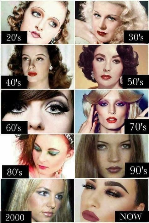 Make up through the decades .... Vintage Makeup Photoshoot, 1950s Fashion Makeup, Beauty Through The Decades, 40s Style Makeup, 90s Beauty Standards, 50s And 60s Makeup, 1900 Makeup Look, 1900s Makeup Look, 50s 60s Makeup