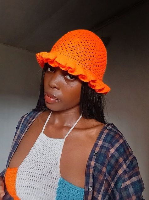 Simple crochet granny square ruffle hat in orange Simple Crochet Granny Square, Ruffle Hat, Simple Crochet, Crochet Granny Square, Crochet Granny, Crochet Ideas, Easy Crochet, Granny Square, Bucket Hat