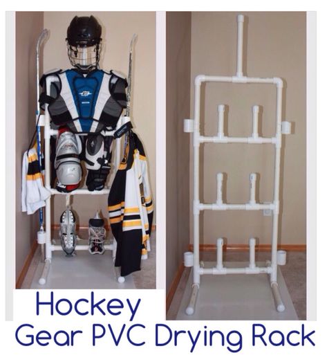 PVC Hockey Gear Drying Rack I can't find instructions, only pictures but this would work for my son's gear. I suppose going by the image will have to do or just google it. Gear Drying Rack, Hockey Gear Drying Rack, Hockey Gear Storage, Hockey Equipment Drying Rack, Hockey Equipment Storage, Hockey Drying Rack, Hockey Organization, Hockey Diy, Hockey Crafts