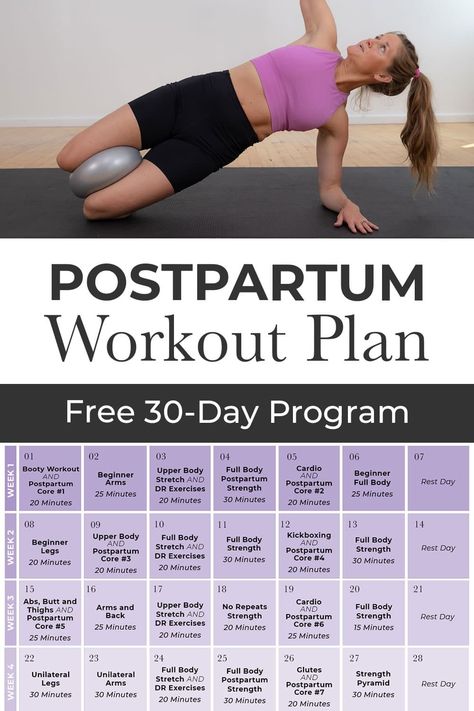 Get back into a fitness routine after baby with this FREE Postpartum workout plan! This free program was designed by Lindsey Bomgren, certified personal trainer and mom of 3. Designed to help moms strengthen and rebuild their core and pelvic floor after pregnancy and birth! This free workout calendar combines bodyweight workouts, strength training, and low impact cardio to create an effective workout plan you can do at home after baby! Workout Plan Postpartum, Full Body Workout Postpartum, Postpartum Workout Program, Postpartum Workout Challenge, Postpartum Exercise Plan, Postpartum Workout At Home, Mom Workouts At Home Beginner, Postpartum Workout Schedule, After Pregnancy Workout