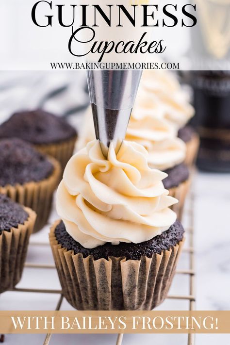 These Guinness Cupcakes feature homemade chocolate cupcakes infused with Guinness beer and topped with creamy Baileys Irish Cream frosting. This pair is a match made in heaven and SO easy to make! #guinnesscupcakes #chocolateguinnesscupcakerecipe #chocolatecupcakerecipe #easyrecipes #easydessertrecipes #easycupcakerecipes #guinnessrecipes #guinnessstout #baileysfrostingrecipe #baileysirishcream #baileysrecipes Baileys Frosting Recipe, Baileys Irish Cream Frosting, Guinness Recipes, Irish Cream Frosting, Guinness Cupcakes, Homemade Chocolate Cupcakes, Baileys Recipes, Easy Cupcake Recipes, Guinness Beer