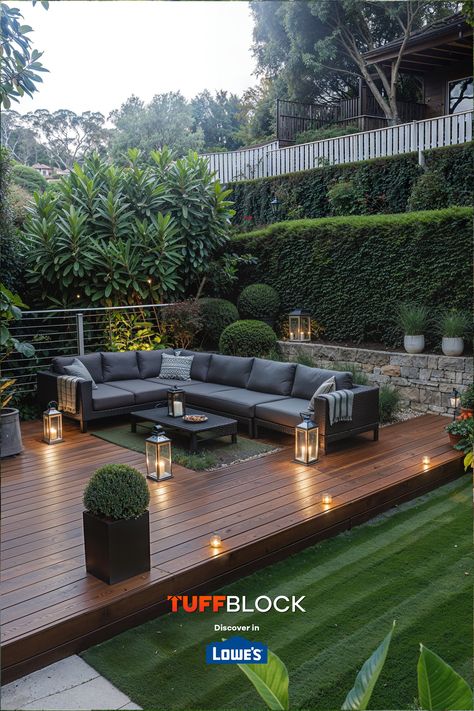 stunning floating deck with outdoor furniture and lush green grass Platform Deck Ideas, Low Deck Ideas, Tuffblock Deck, Low Profile Deck, Cozy Yard, Build A Floating Deck, Deck Blocks, Backyard Deck Ideas, Building A Floating Deck