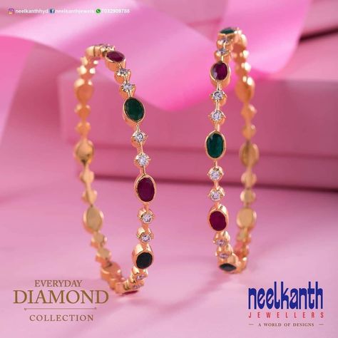 Navaratna Bangles, Pearl Bangles Gold, Navaratna Jewellery, Emerald Jewellery, Ruby Bangles, Neck Pieces Jewelry, Gold Bangles For Women, New Gold Jewellery Designs, Diamond Bracelet Design