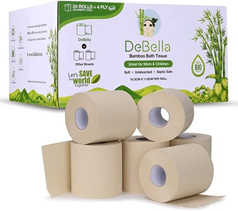 Amazon.com: DeBella - 100% Bamboo, Tree Free, Ultra-Soft Toilet Paper, Unbleached, Hypoallergenic, Safe for Sensitive Skin, 4ply- 235 Sheets- 24 Rolls, Septic Safe, Eco Friendly, Plastic Free: Health & Personal Care Eco Friendly Toilet Paper, Sustainable Bathroom, Eco Friendly Toilet, Vegan Tips, Bathroom Tissue, Renewable Sources, Bamboo Tree, Alexa Device, Friendly Plastic