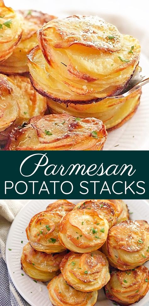 Mini Potato Stacks - muffin pan potato au gratin stacks. These little gems are like mini individual serves of au gratin potatoes! Packed with parmesan cheese, they are sure to be a hit! #chefnotrequired #potatoes #parmesan #easyrecipes #crispyedges Muffin Tin Potatoes Gratin, Potatoes In Cupcake Pan Sliced, Individual Potato Recipes, Mini Scalloped Potatoes, Scalloped Potatoes Muffin Tin, Individual Scalloped Potatoes, Scalloped Potatoes In Muffin Tin, Sliced Potatoes In Muffin Tin, Muffin Potatoes