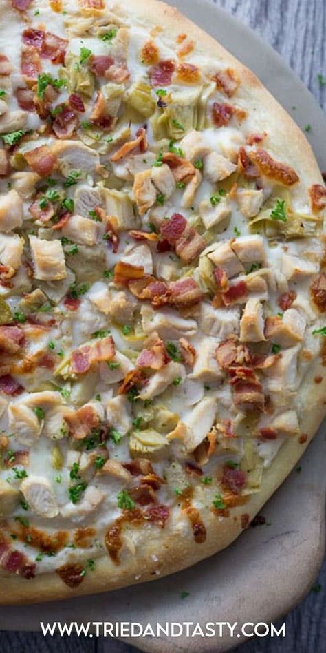 Chicken Bacon Artichoke, Pizza Combinations, Grill Shrimp, Pizza Toppings Combinations, Chicken Alfredo Pizza, Artichoke Pizza, Alfredo Pizza, Bacon Pizza, Summertime Blues