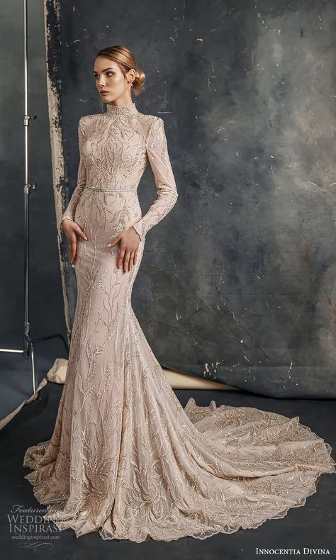 Wedding Reception Bridal Dress, Wedding Dress 2023 Trends, Swareh Dresses, Wedding Dresses 2023 Trend, Dress 2023 Trend, Mauve Wedding Dress, Modest Sheath Wedding Dress, Long Sleeve Dress Design, High Neck Long Sleeve Wedding Dress