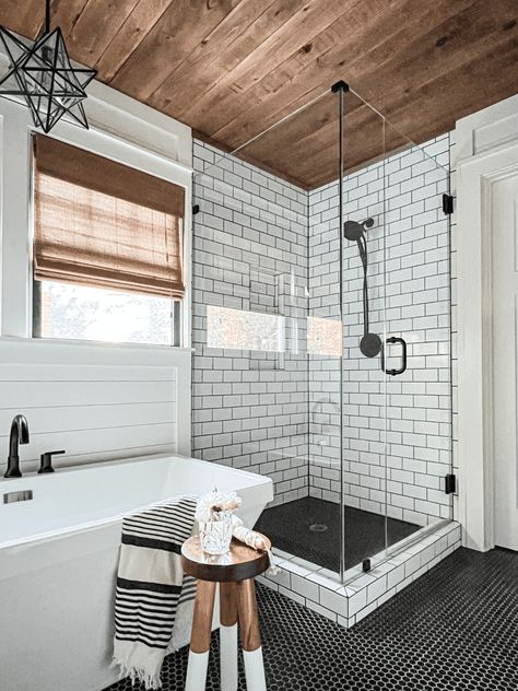 Bathroom Ideas Black And White Tile, White Subway Tile With Black Grout Bathroom, Shower Tile Black And White, White Tile Dark Grout Bathroom, White And Black Tile Bathroom, White Hexagon Tile Black Grout, Black And White Subway Tile Bathroom, White Tile Black Grout Bathroom, Bathrooms With Black Floors