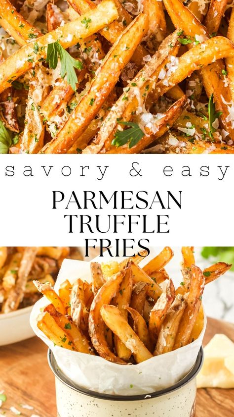 Indulge in the perfect harmony of flavors with this Parmesan Truffle Fries recipe! Crispy, truffle-infused fries topped with Parmesan, parsley, and a dash of sea salt. Elevate your snacking experience—perfect for summer BBQs or game nights. Truffle Parmesan Fries, Truffle Fries Recipe, Parmesan Truffle Fries, Parmesan Fries, Easy Pulled Pork, Homemade Truffles, French Fries Recipe, Truffle Fries, Vegan Parmesan Cheese