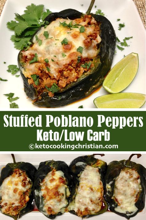 Low Carb Stuffed Poblano Peppers, Chicken Stuffed Poblano Peppers Keto, Keto Stuffed Poblano Peppers, Stuffed Poblano Peppers Keto, Spanish Keto Recipes, Italian Sausage Stuffed Poblano Peppers, Poblano Pepper Recipes Keto, Stuffed Plabano Peppers, Baked Stuffed Poblano Peppers