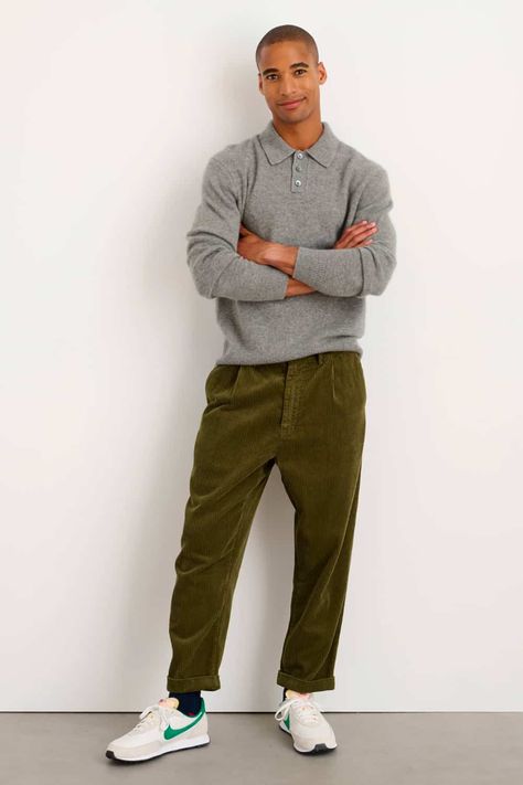 Running Sneakers Outfit, Green Corduroy Pants, Green Khaki Pants, Corduroy Pants Outfit, Green Chino Pants, Pleated Pant, Knit Polo Shirt, Pants Outfit Men, Alex Mill