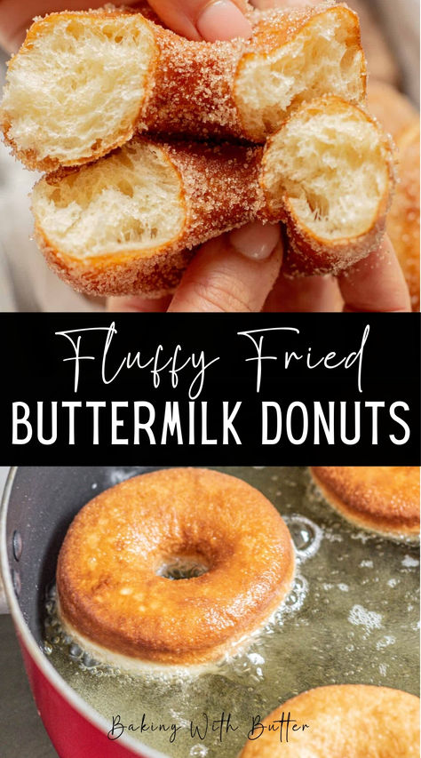 These fried buttermilk donuts are super fluffy, coated generously in cinnamon sugar or with a sweet vanilla glaze. Light And Fluffy Donut Recipe, Cinnamon Roll Donuts Fried, Fried Doughnut Recipe Easy, Baked Buttermilk Donuts Recipe, Donuts Recipe Fried, Cake Donut Recipe Fried, Buttermilk Doughnut Recipe, Fried Donut Recipe, Buttermilk Donut Recipe