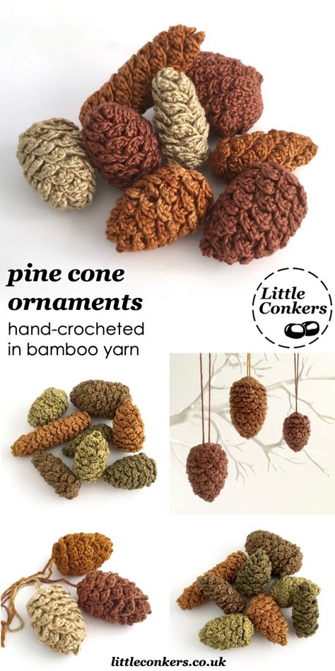 Knitted Pine Cones, Autumnal Crochet Patterns, Crochet Enchanted Forest, Diy Yarn Decorations, Crochet Bamboo Plant, Log Crochet Pattern, Pinecone Crochet Pattern, Crocheted Pinecones Free Pattern, Pine Cone Crochet Free Pattern