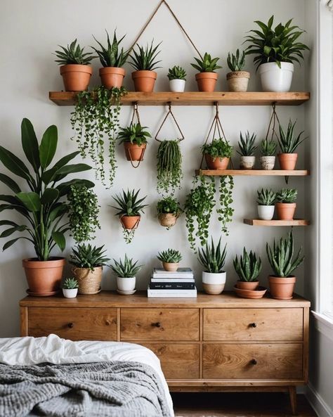 20 Way To Decorate Your Bedroom Dresser, Boho Style – ToolzView Plant Style Bedroom, Plants Room Ideas, Plant Themed Office, Plant Wall Bedroom, Plant Living Room Aesthetic, Gallery Wall With Plants, Plants In Bedroom Ideas, Plant Room Ideas, Indoor Plants Styling Living Rooms