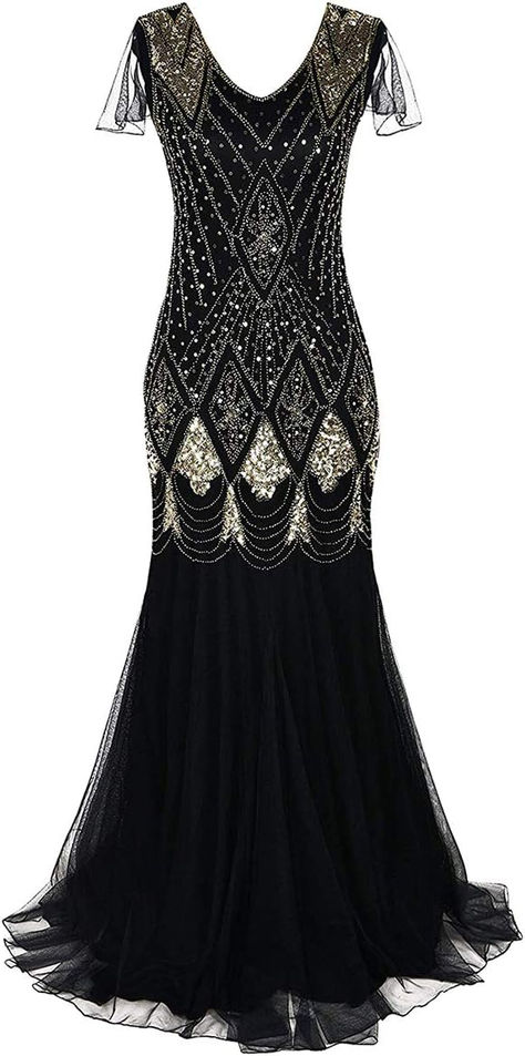 Women Vintage 1920s Gatsby Flapper Evening Party Dress V Neck Art Deco Sequins Mermaid Hem Cocktail Formal Long Maxi Gown Black 1920s Dress, Plus Size Formal Gown, Plus Size Gowns Formal, Vintage Long Dress, Gold Evening Dresses, Sukienki Plus Size, Mermaid Evening Gown, Royal Blue Prom Dresses, Spaghetti Strap Prom Dress