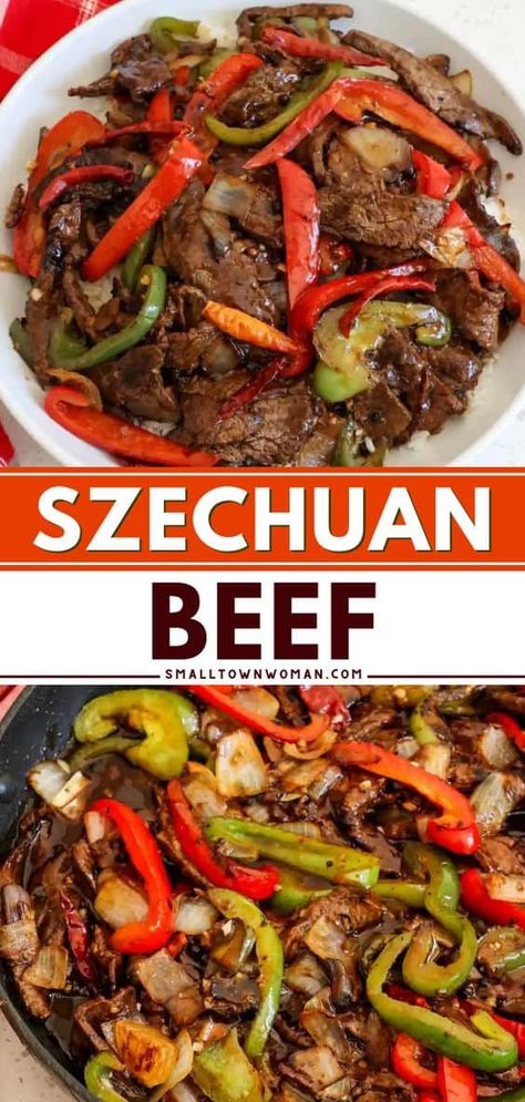 A main course idea featuring flank steak! Complete with veggies in a spicy and savory sauce, this beef stir fry is a delicious food to cook for dinner. Save this Szechuan beef recipe! Food To Cook For Dinner, Szechuan Beef, Food To Cook, Week Meals, Small Town Woman, Marinated Flank Steak, Best Beef Recipes, Asian Beef, Garlic And Ginger