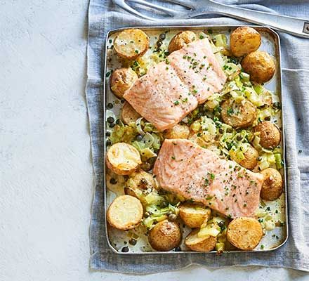 used yoghurt instead of cream (not full 70ml) , more leeks and put back in oven with Salmon rather than grilling. Salmon With Leeks, Leek And Salmon Recipe, Midweek Dinner Recipes, Salmon Tray Bake Recipes, Salmon And Leek Recipes, Easy Traybake Recipes Dinner, Salmon And Leeks, Salmon And Potato Bake, Salmon And Leeks Recipe