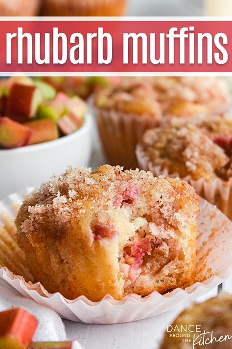 rhubarb muffin with a bite out of it sitting on a muffin liner Cooked Rhubarb Recipes, Rhubarb Crisp Muffins, Old Fashioned Rhubarb Pie, Sour Cream Rhubarb Muffins, Rhubarb Cinnamon Muffins, Desserts With Rhubarb, Rubarbe And Strawberry Recipe, Rhubarb Oat Muffins, Rhubarb Sour Cream Muffins