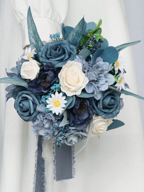 Style 3  Collar     Embellished   Home Decor Blue Wedding Flowers Bouquet, Flowers For Bride, Leaf Accessories, Brides Flowers Bouquet, Elegant Wedding Bouquets, Rustic Wedding Ceremony, Anniversary Decor, Flower Artificial, Blue Wedding Flowers