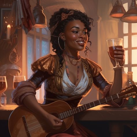 Tavern Barmaid Aesthetic, Dnd Tavern Keeper Art, Elf Tavern Keeper, Poc Fantasy Art, Evil Bard, Human Dnd Character, Female Bard, Heroic Fantasy, Dungeons And Dragons Characters