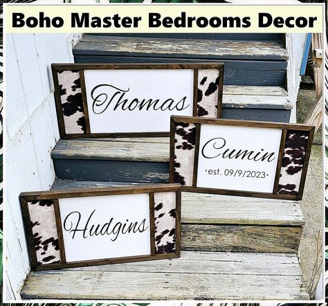 Master Bedroom Personalized Wall Decor Sign - Custom Cowhide Wood Sign - Country Western Farmhouse Decor Cowhide Wood Sign, Cowhide Wall Decor, Cowhide Projects, Cowhide Crafts, Western Farmhouse Decor, Country Wood Signs, Cowhide Decor, Hobby Lobby Crafts, Country Western Decor