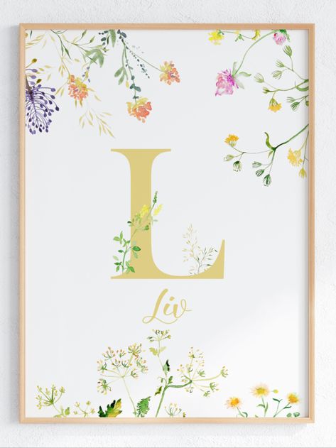 This lovely wildflower personalized letter and name print would be a beautiful boho accent to your girl's nursery decor. The illustration is made in digital files from our original hand-painted Flower watercolor painting. Painting For Baby Girl, Watercolor Initials, Birth Frame, Name Paintings, Initial Wall Art, Paintings Tutorials, Initial Wall, Baby Painting, Floral Initial